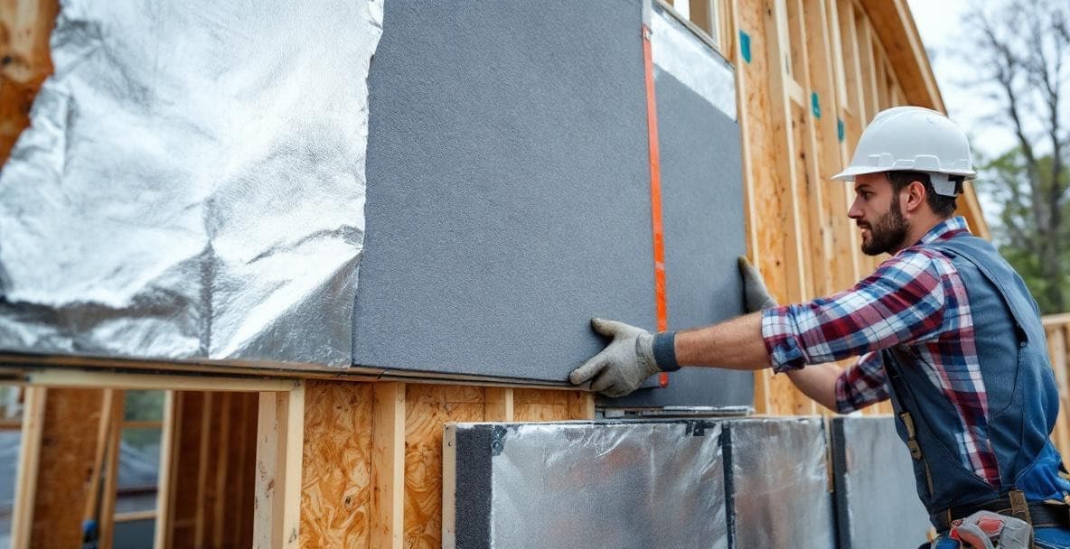 Contractor installing Airfoam Airboard AERO GPS rigid insulation boards with reflective facers on wood-framed exterior wall