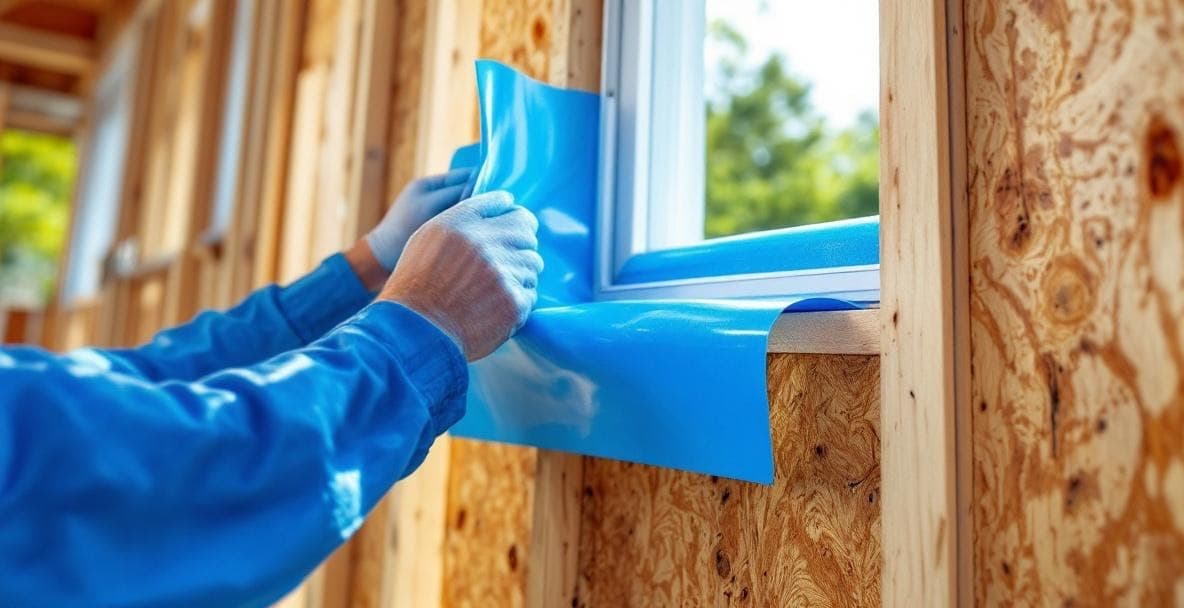 Blueskin WB blue self-adhered flashing membrane applied around a window rough opening