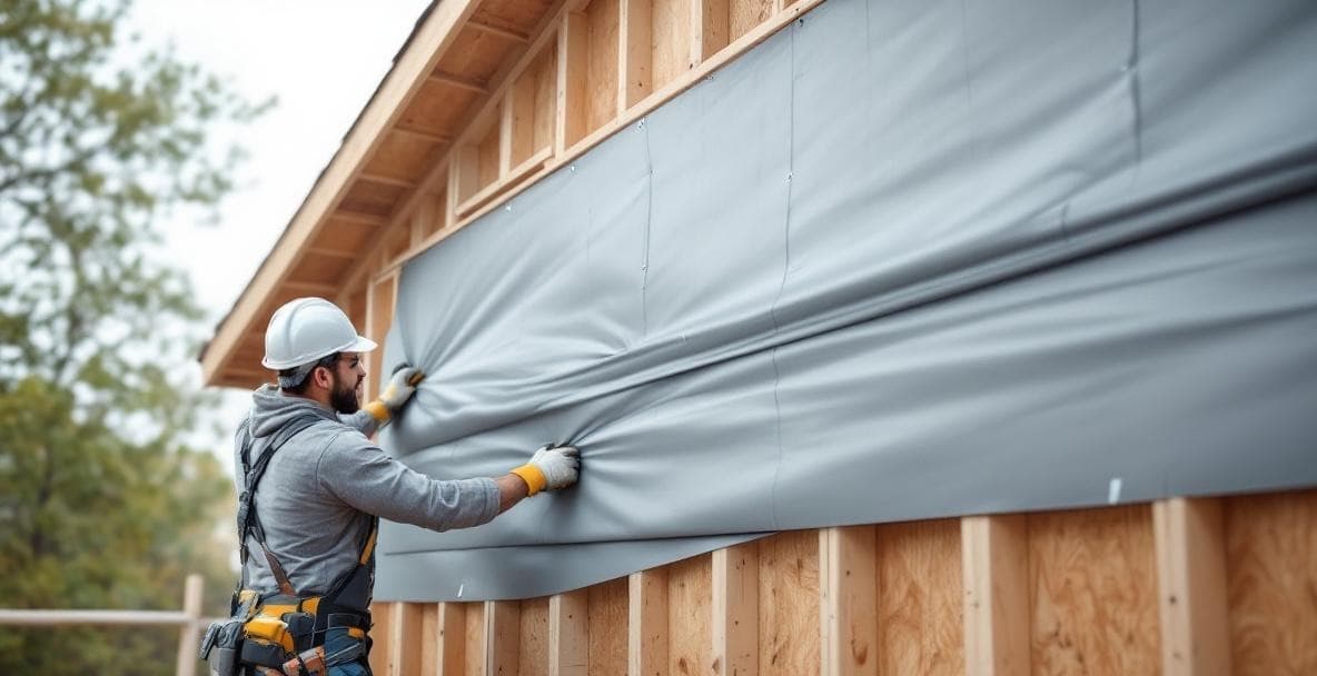 Contractor installing HomeGuard housewrap on wood-framed exterior wall during residential construction