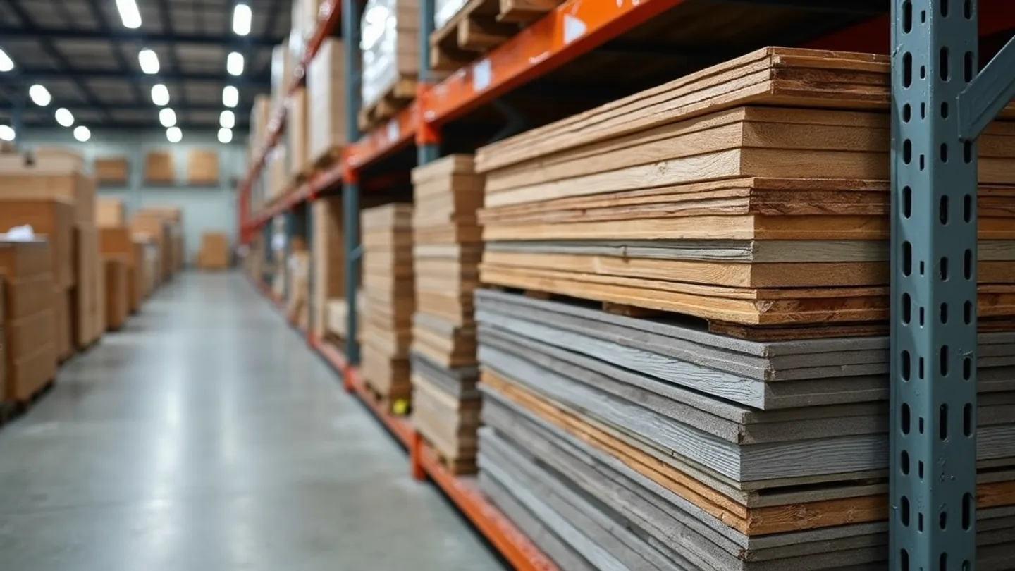 Polymer cedar shake vinyl siding panels stacked on shelving in a building materials warehouse in Ontario Canada