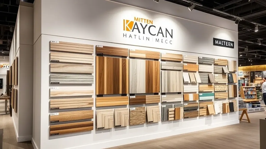 Exterior building material brand samples displayed in a professional showroom - Mitten, Kaycan and more