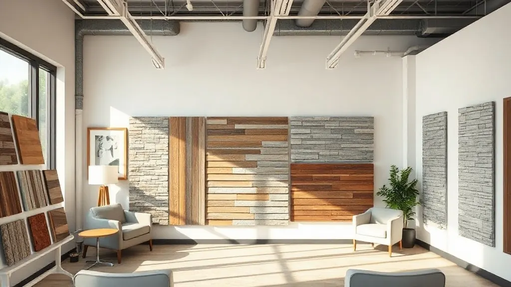 Exterior Pro Materials showroom - vinyl siding, cedar, and stone veneer samples on display