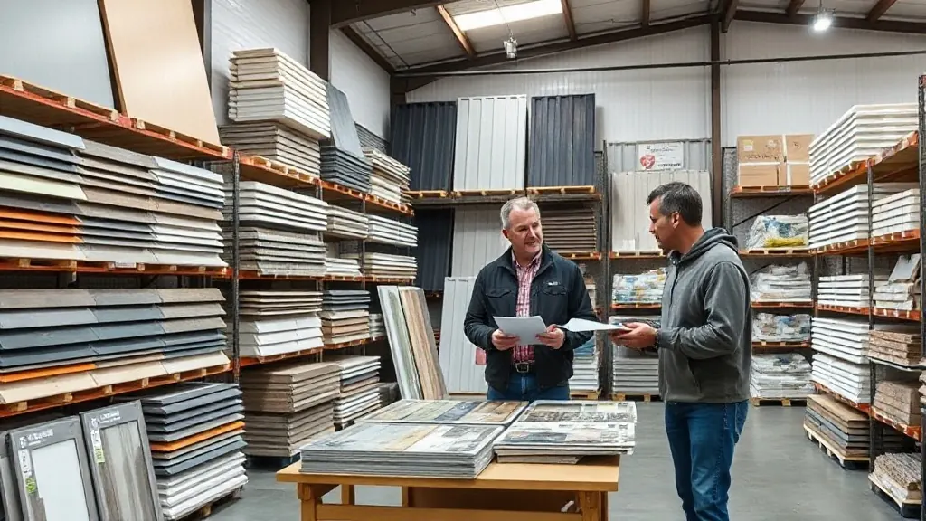 Exterior Pro Materials team reviewing siding samples in the warehouse