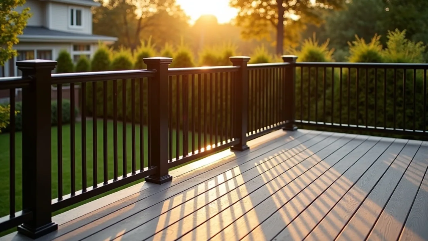 Black powder coated aluminum picket guard on a grey composite deck at golden hour in an Ontario backyard