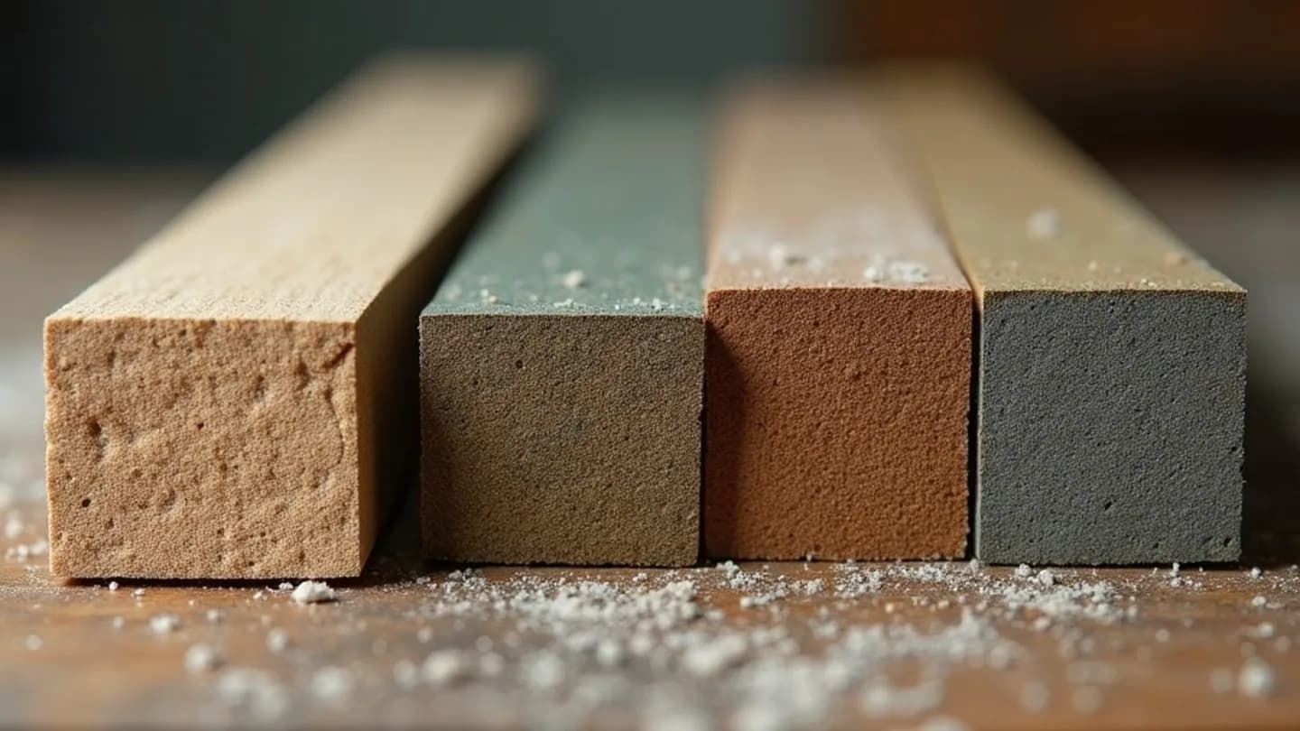 Cut ends of four engineered wood siding boards standing side by side, each showing a different core material under a factory painted face
