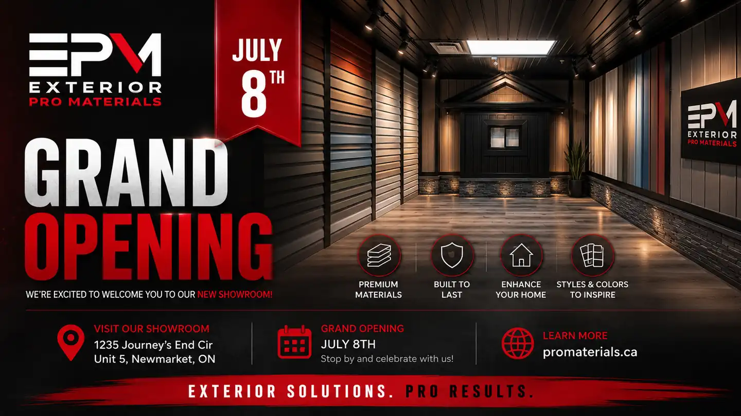 Exterior Pro Materials grand opening graphic showing the new Newmarket showroom on July 8 with walls of siding samples, stone veneer, and board and batten under track lighting