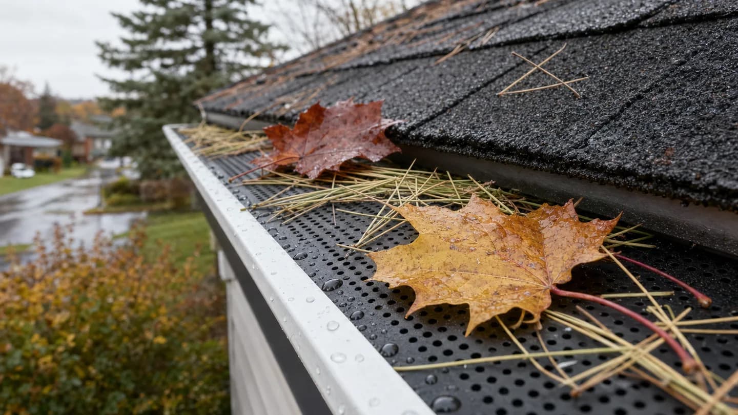 Perforated aluminum gutter guards on a white eavestrough holding long pine needles and wet maple leaves after an autumn rain