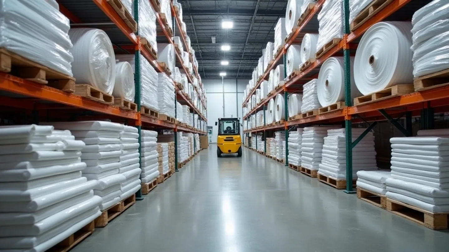 Rolls of white house wrap membrane and bundled rigid foam insulation boards stacked on steel warehouse racking at an Ontario building materials supplier