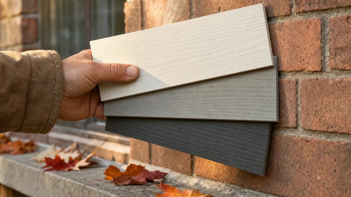 A hand holding three James Hardie style fibre cement siding samples in white, taupe and charcoal against the red brick of an Ontario house in autumn