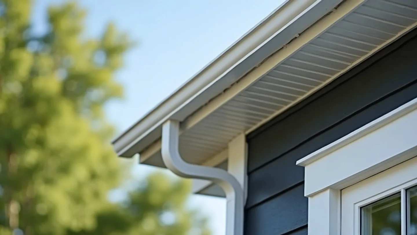 Kaycan siding corner detail showing charcoal vinyl lap siding, white corner post, vented soffit, fascia and eavestrough meeting on an Ontario home