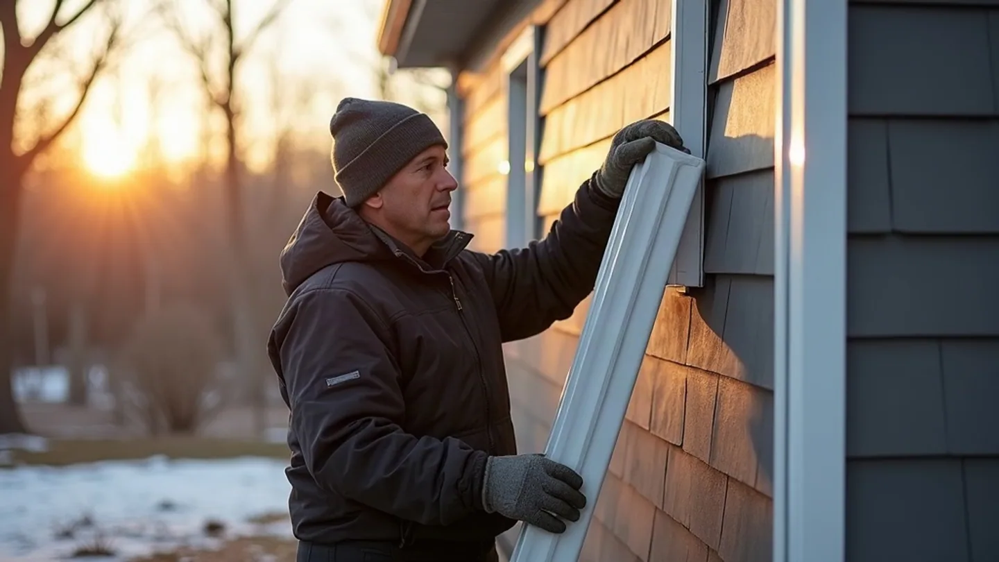 Carpenter in gloves holding a white cellular PVC trim board against the corner of a half clad Ontario house on a frosty morning