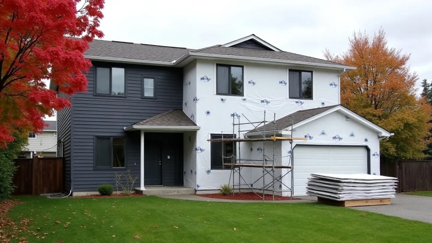 A two storey Ontario home mid re-clad with charcoal siding finished on one half and bare white house wrap and scaffolding on the other