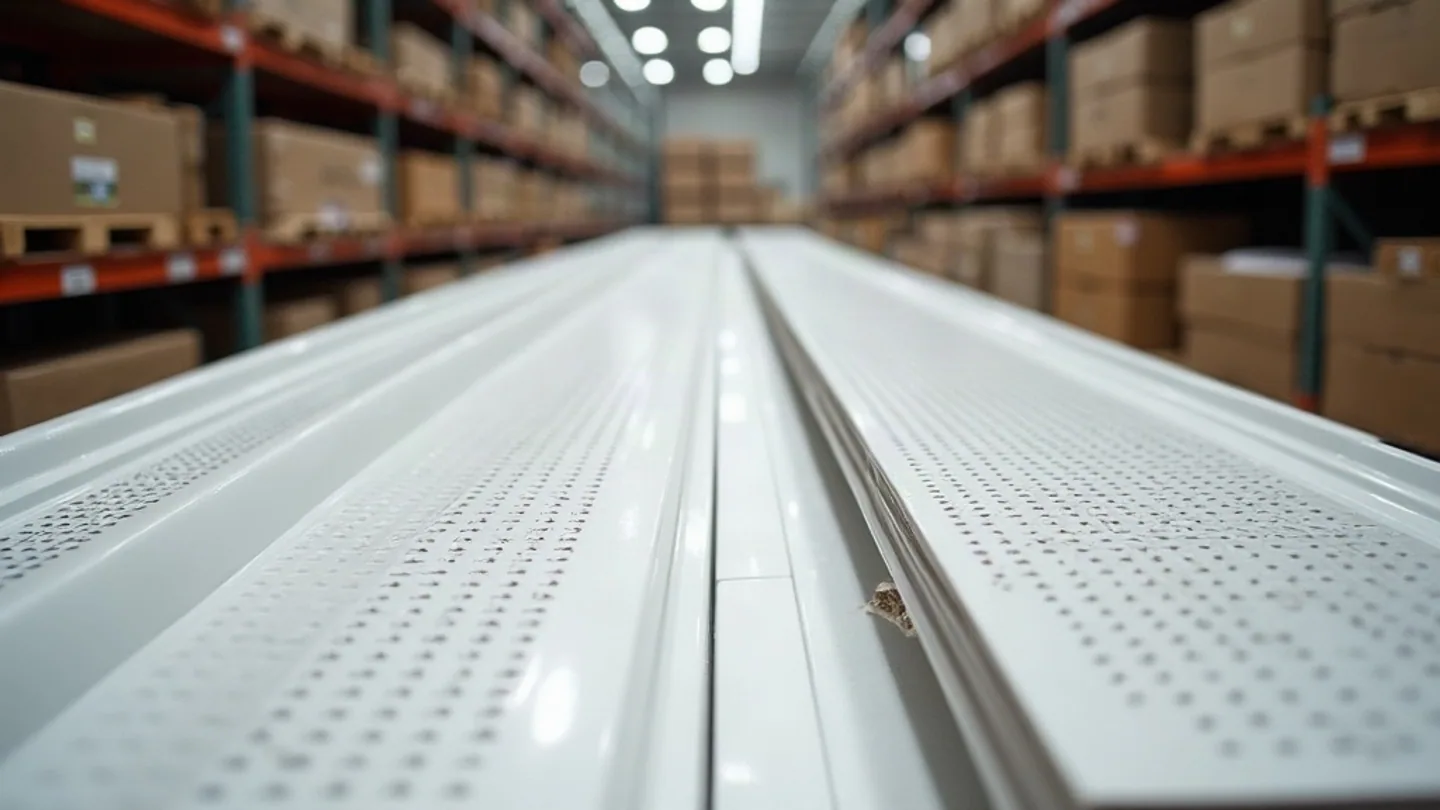 Perforated white vinyl soffit panels stacked face up on warehouse racking with cartons behind them at an Ontario building materials supplier