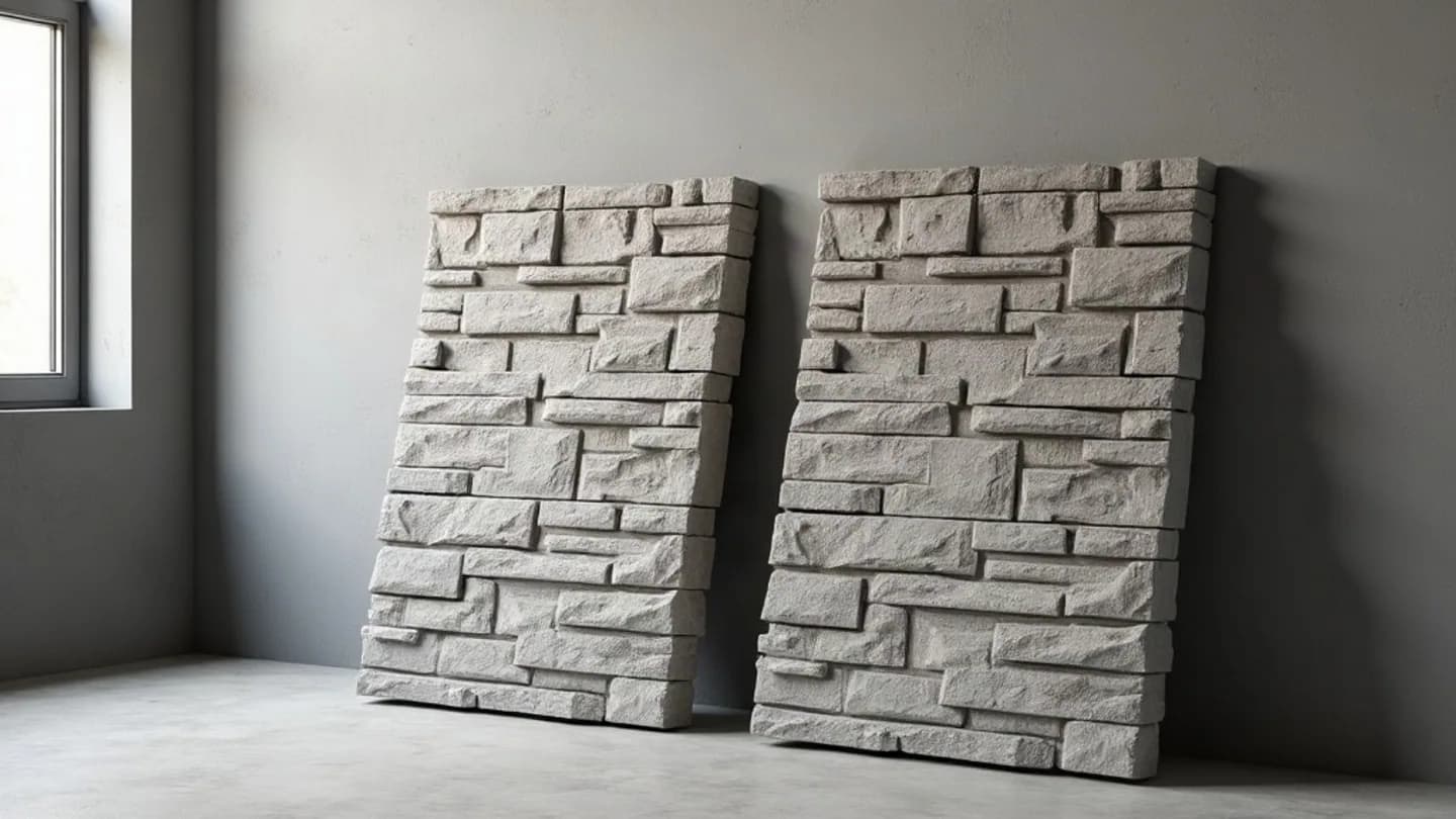 Two mortarless stone veneer panels leaning side by side against a grey workshop wall, a thick cement ledgestone panel and a thinner moulded polymer stacked stone panel