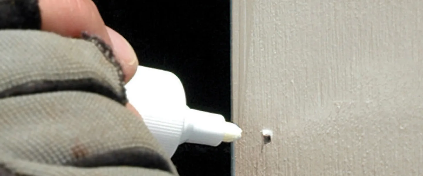 Gloved hand dabbing ColorPlus touch-up onto a nail head in a Hardie siding board