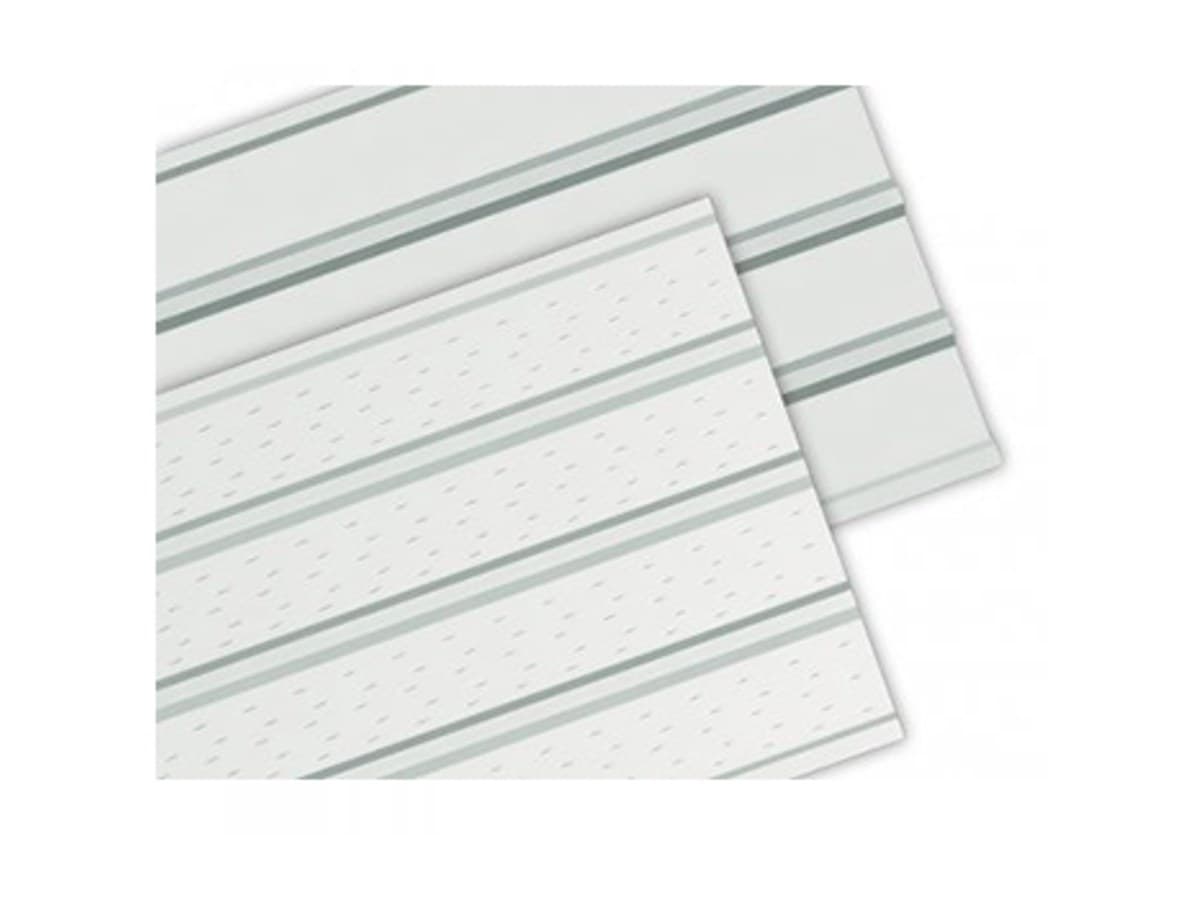 Mitten M-Series Quad 4 aluminum soffit panels, solid and vented, showing the four ribs across the sixteen inch width
