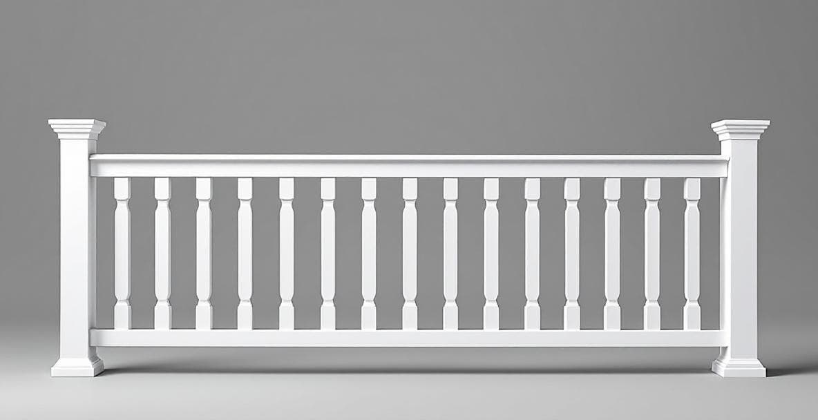Alpa white vinyl porch railing — square post, top rail, and evenly spaced balusters