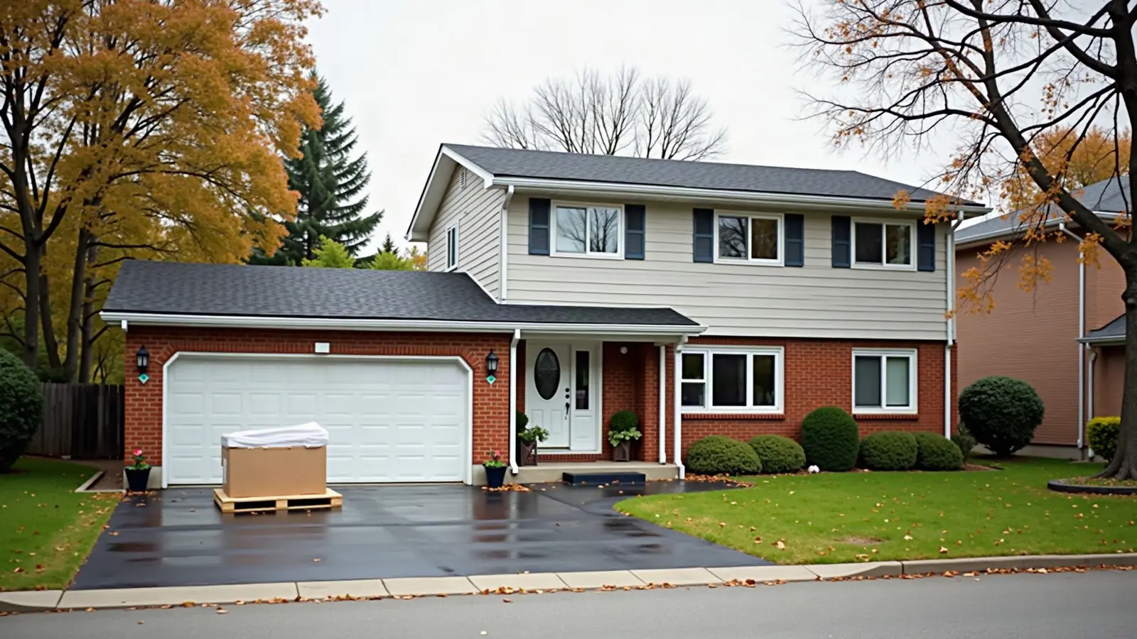 Two-storey suburban house with a brick ground floor, light vinyl siding and navy shutters above, white soffit, fascia and eavestrough, and a pallet of material on the driveway in autumn