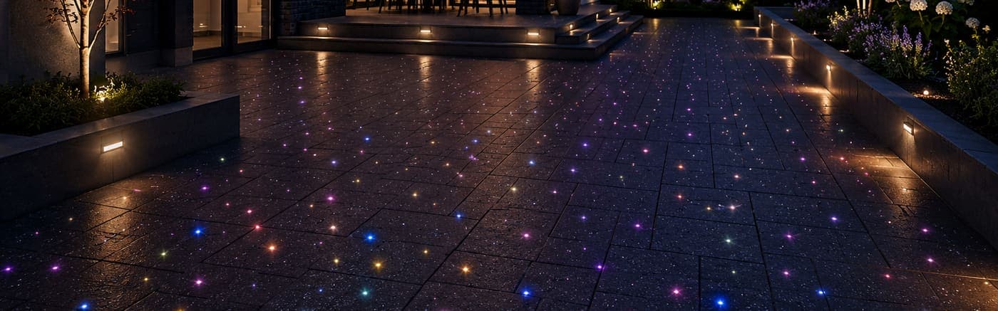 Pro Materials SmartPave Starlight Pavers illuminating a patio with multicolour fiber optic lights at night