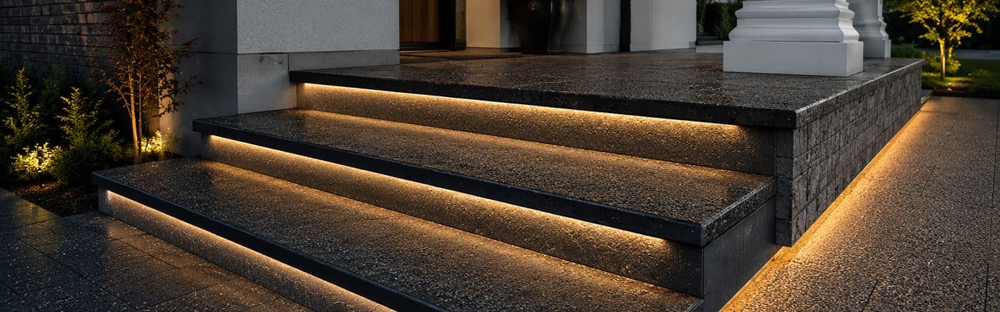 Pro Materials SmartPave Step Pavers illuminated entrance steps at night