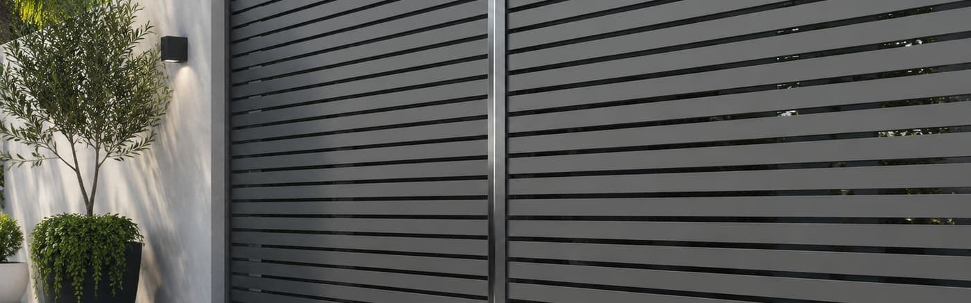 Pro Materials WPC Louver Privacy Screen charcoal slatted fence panels in modern outdoor setting