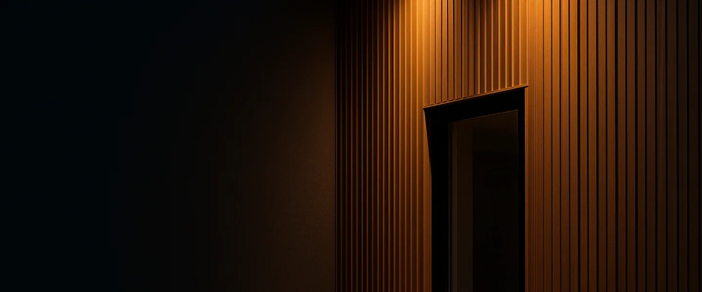 Exterior wall clad in warm teak-tone WPC fluted wall panels at dusk, lit from above beside a black-framed window